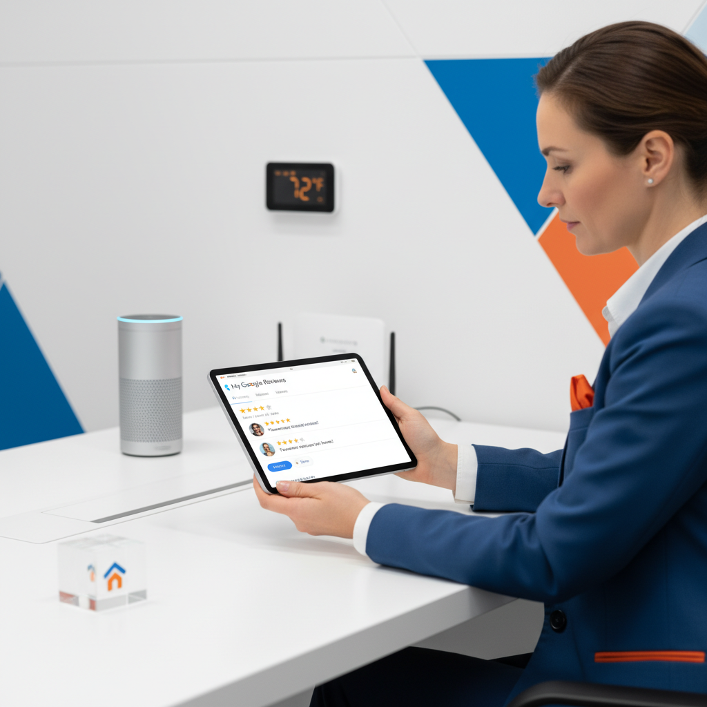Home automation business owner analyzing my google reviews on a tablet in a modern office setting.