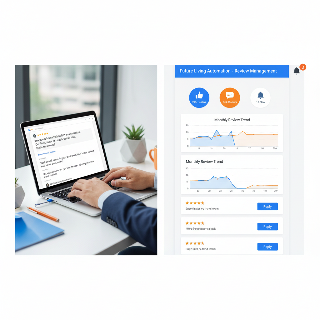 Business owner managing my Google reviews through a digital dashboard and responding to customer feedback professionally.