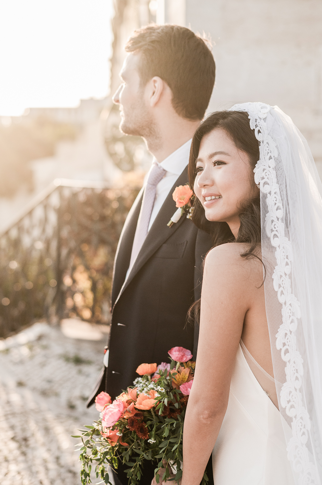 Bride and groom at golden hour