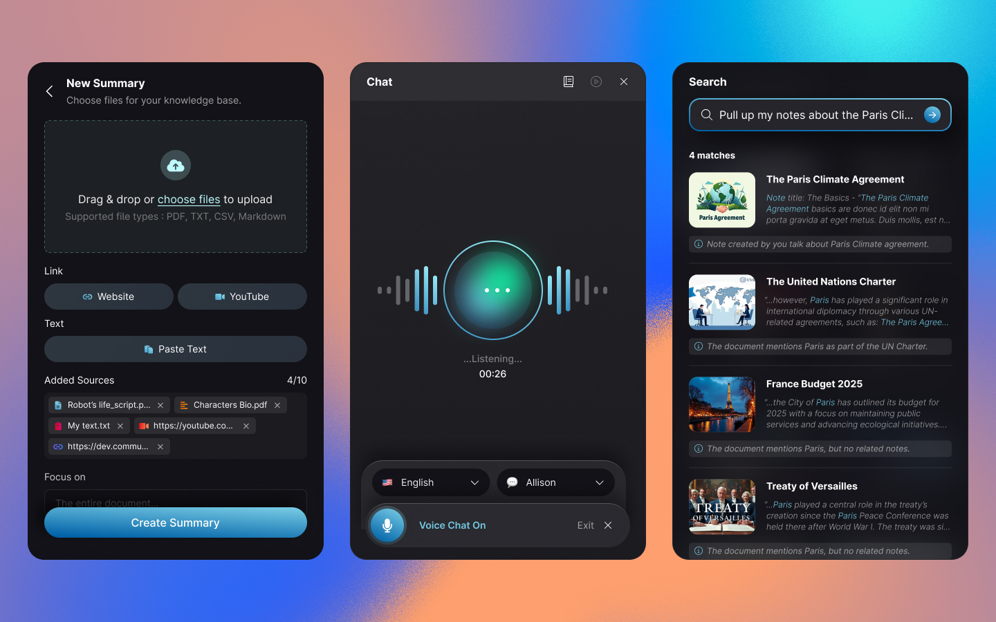 A collage of user interface components from the Summarizer.com application.