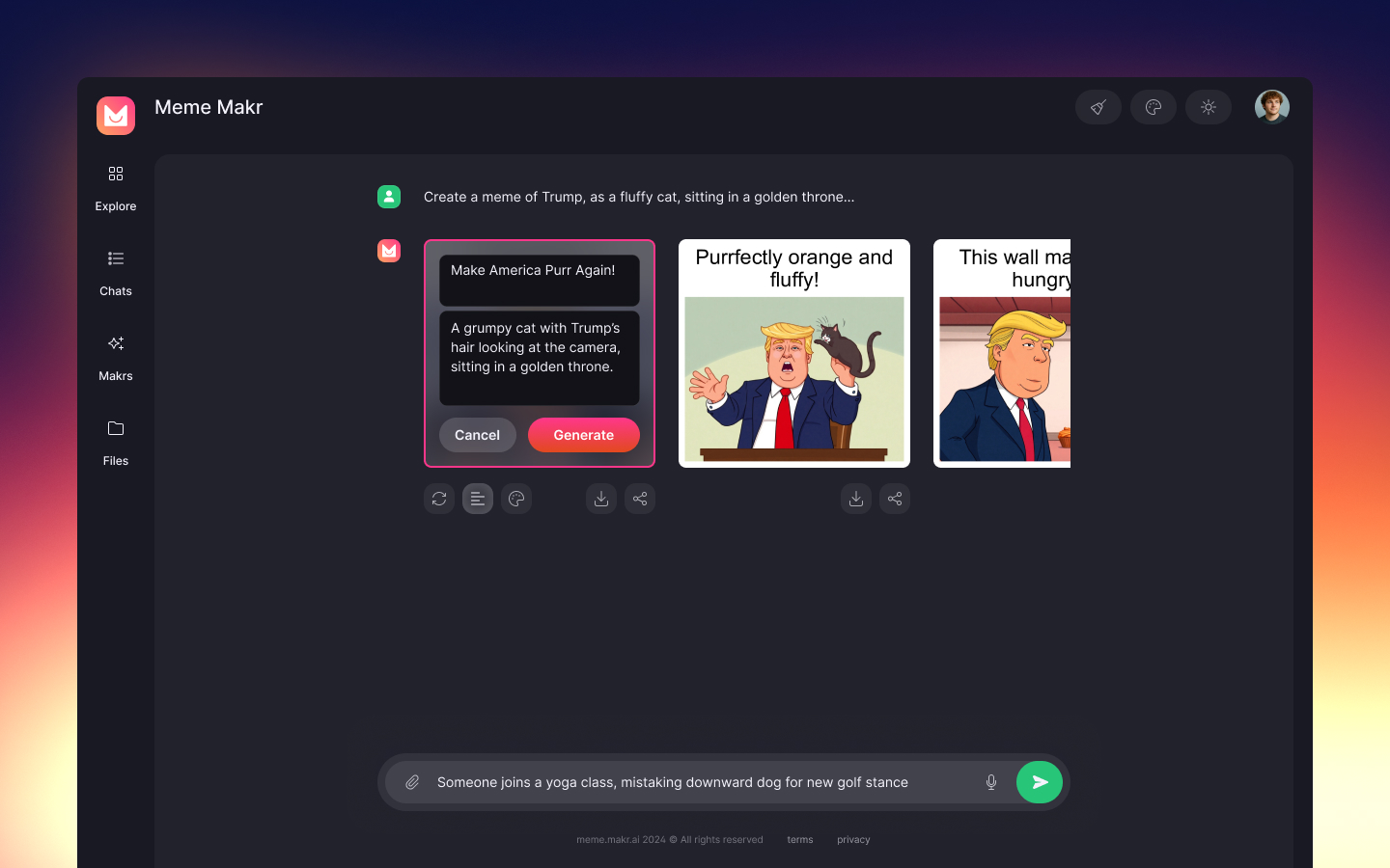 MemeMakr main interface showing the AI-powered meme creation workflow.