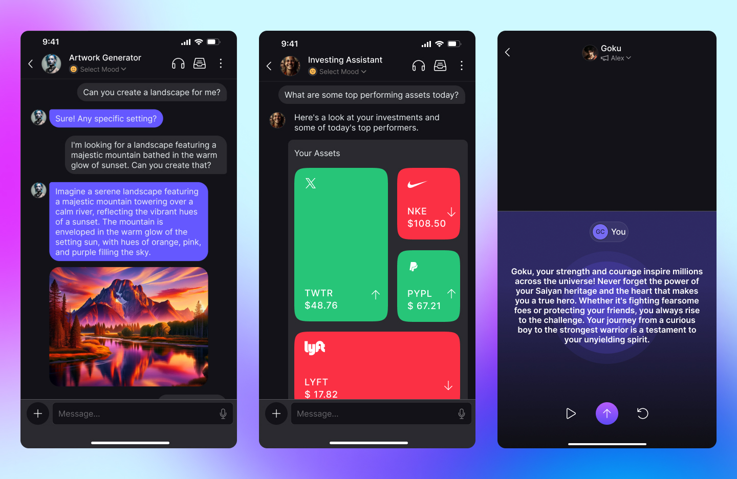 A collage of user interface components from the TalkToo.ai application showing character conversations and learning features.