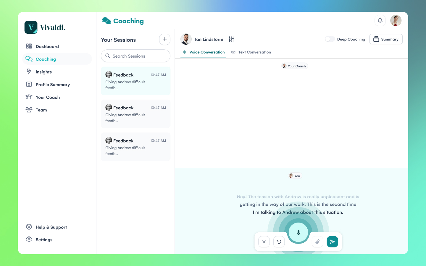 Vivaldi platform showing leadership coaching dashboard and analytics.
