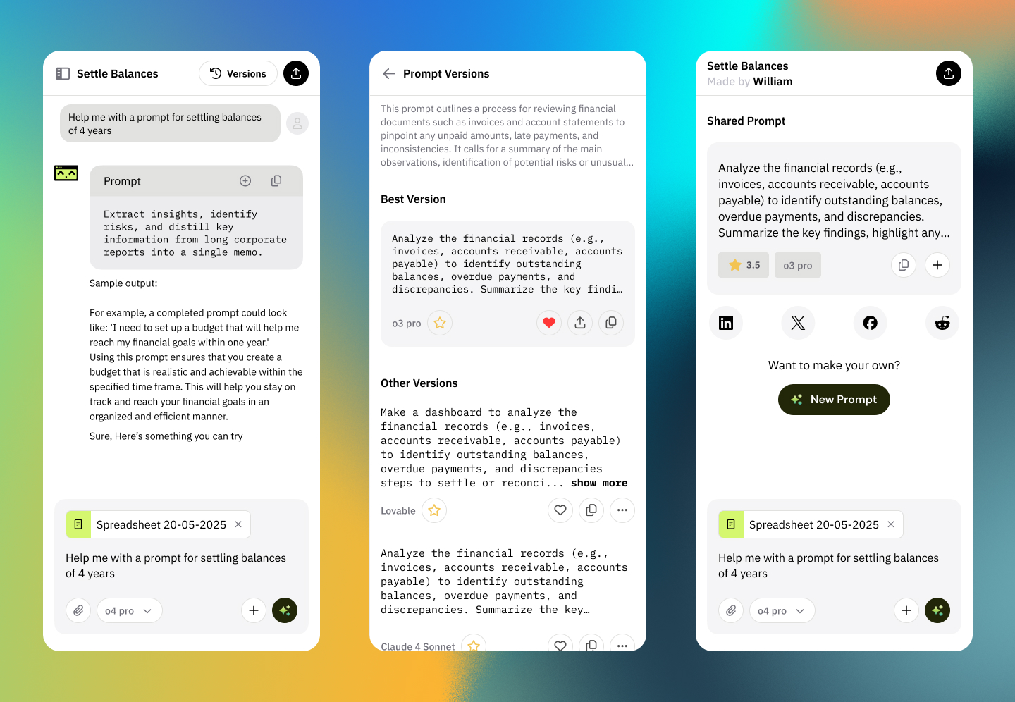 A collage of user interface components from the Prompty application.