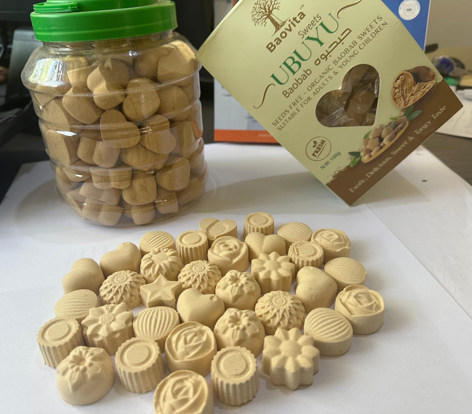 Baovita baobab sweets displayed with a branded jar and box