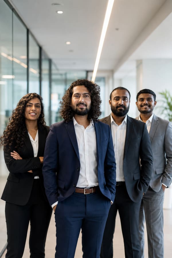 Design Kaksh team in formal attire — creative workspace