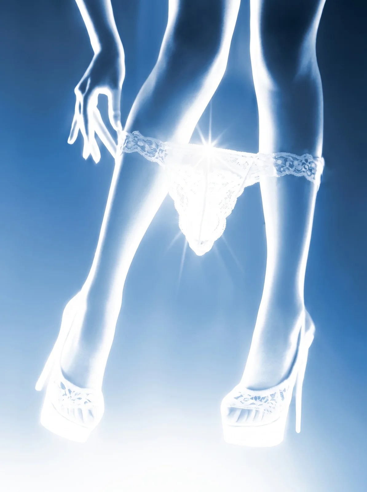 Glowing X-ray style legs in lace and heels on blue