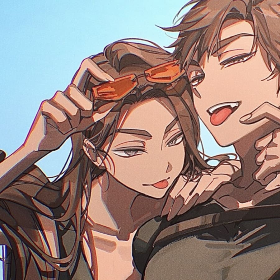 Anime matching profile picture pair titled “Sunset Tease Pair”, left side