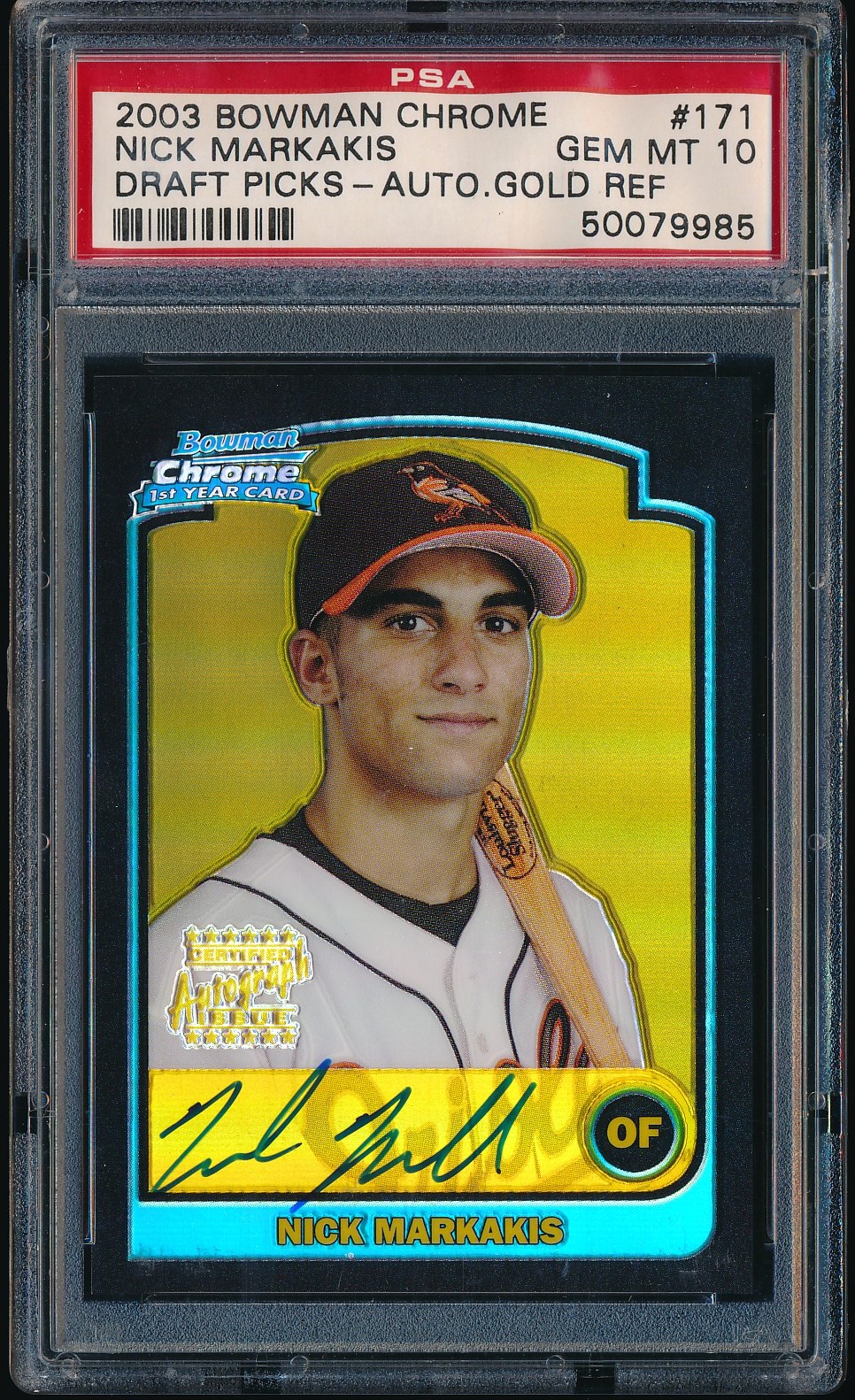 2003 Bowman Chrome Draft Nick Markakis Gold Refractor Auto #BDP171 PSA 10