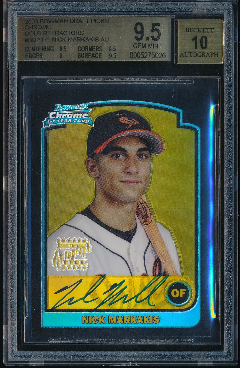 2003 Bowman Chrome Draft Nick Markakis Gold Refractor Auto #BDP171 BGS 9.5/10