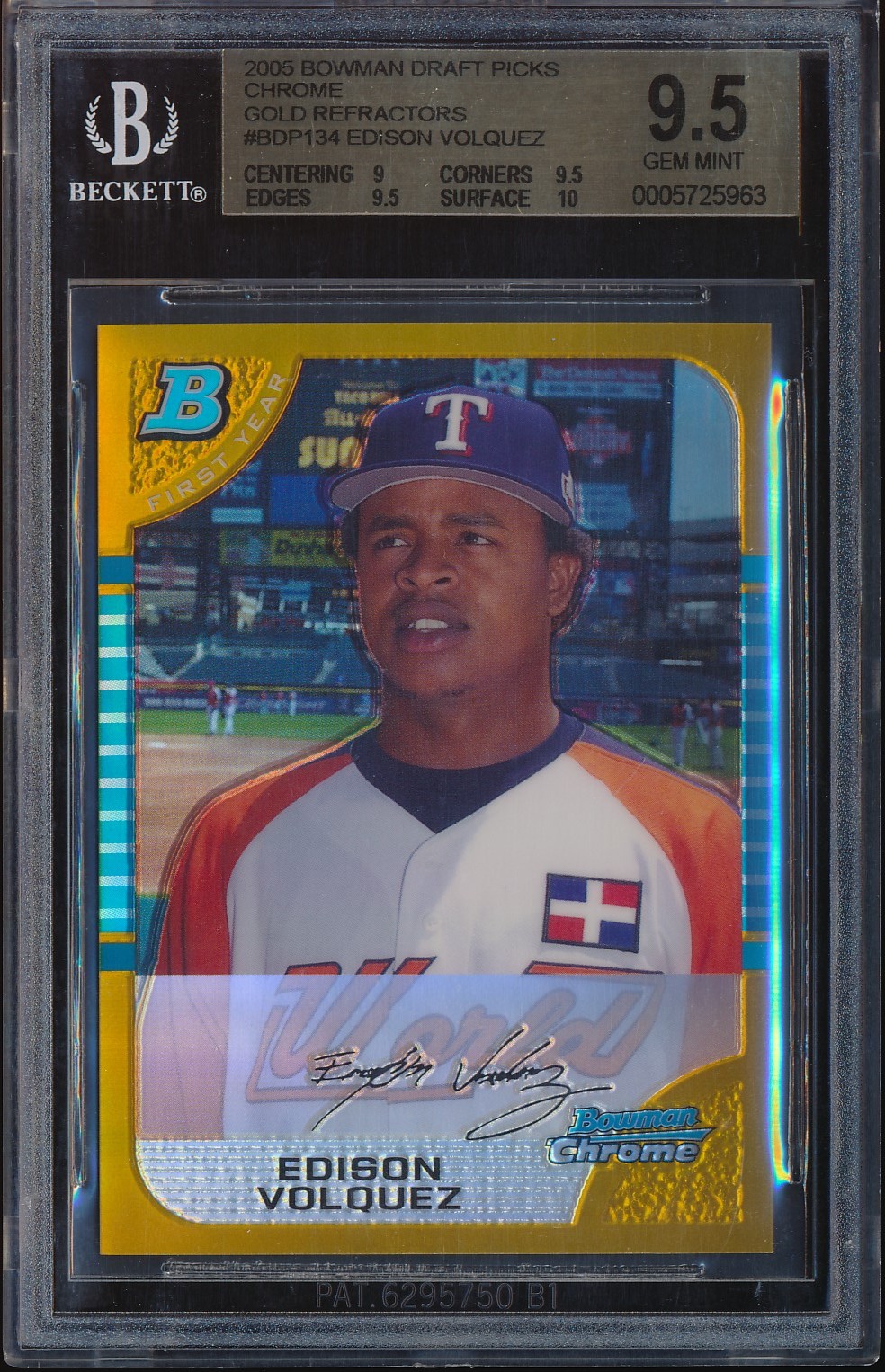 2005 Bowman Chrome Draft Edinson Volquez Gold Refractor 7/50 #BDP134 BGS 9.5