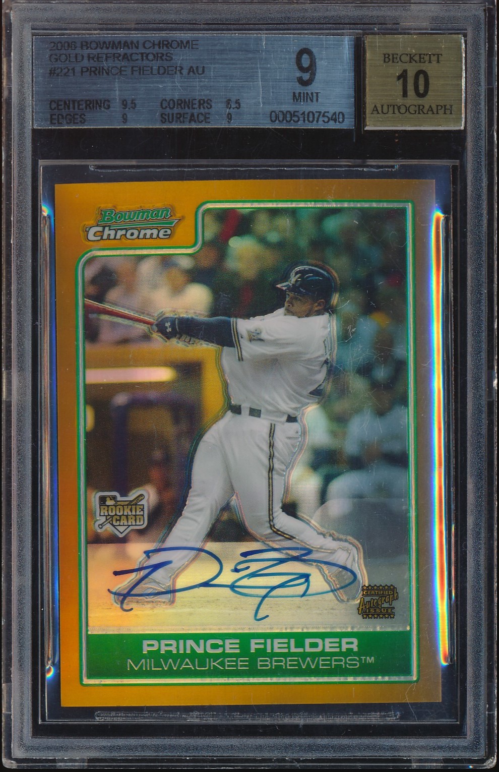2006 Bowman Chrome Prince Fielder Gold Refractor Auto 47/50 #221 BGS 9/10
