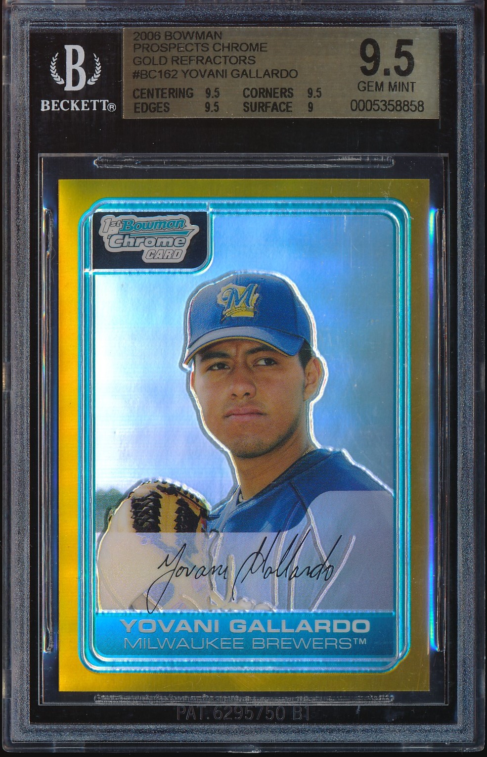 2006 Bowman Chrome Yovani Gallardo Gold Refractor 13/50 #BC162 BGS 9.5