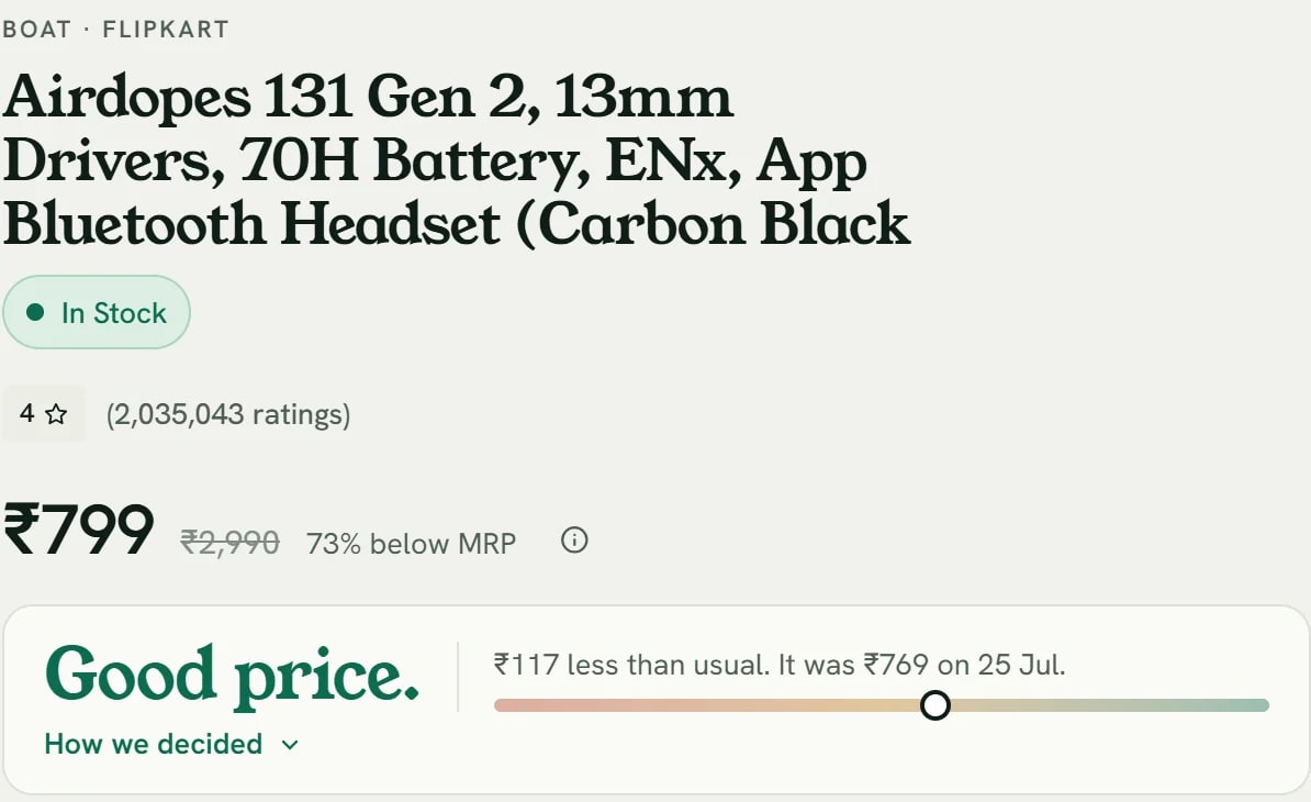 The top of a SpendMitra product page: boAt Airdopes 131 Gen 2 at 799 rupees with the verdict Good price, 117 rupees less than usual
