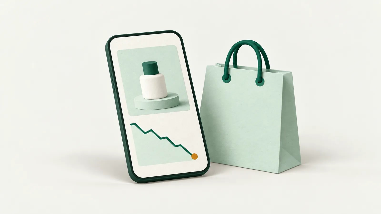 A phone showing a product page beside a price history line with its lowest point marked