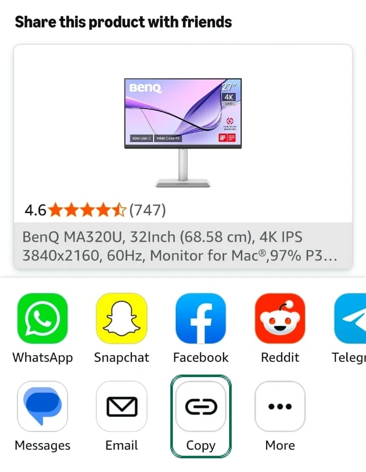 The Amazon app share sheet for a product, with the Copy button highlighted