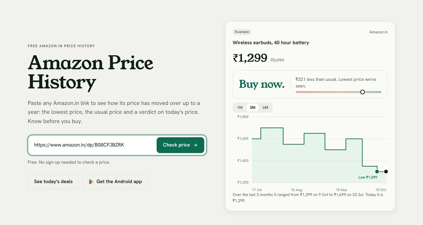 The Amazon price history page on SpendMitra with an Amazon.in product link pasted into the box