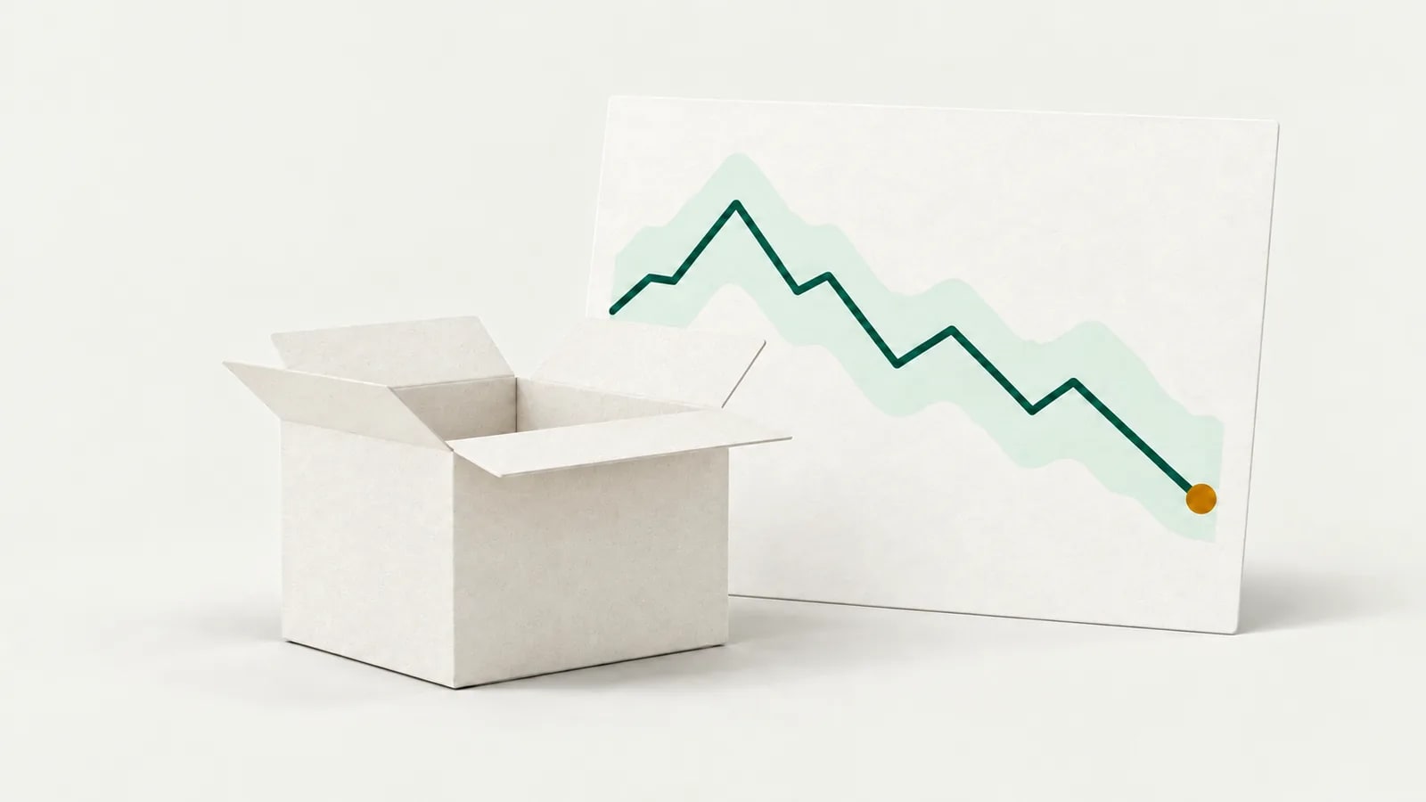 A shopping parcel beside a price history chart with a falling line