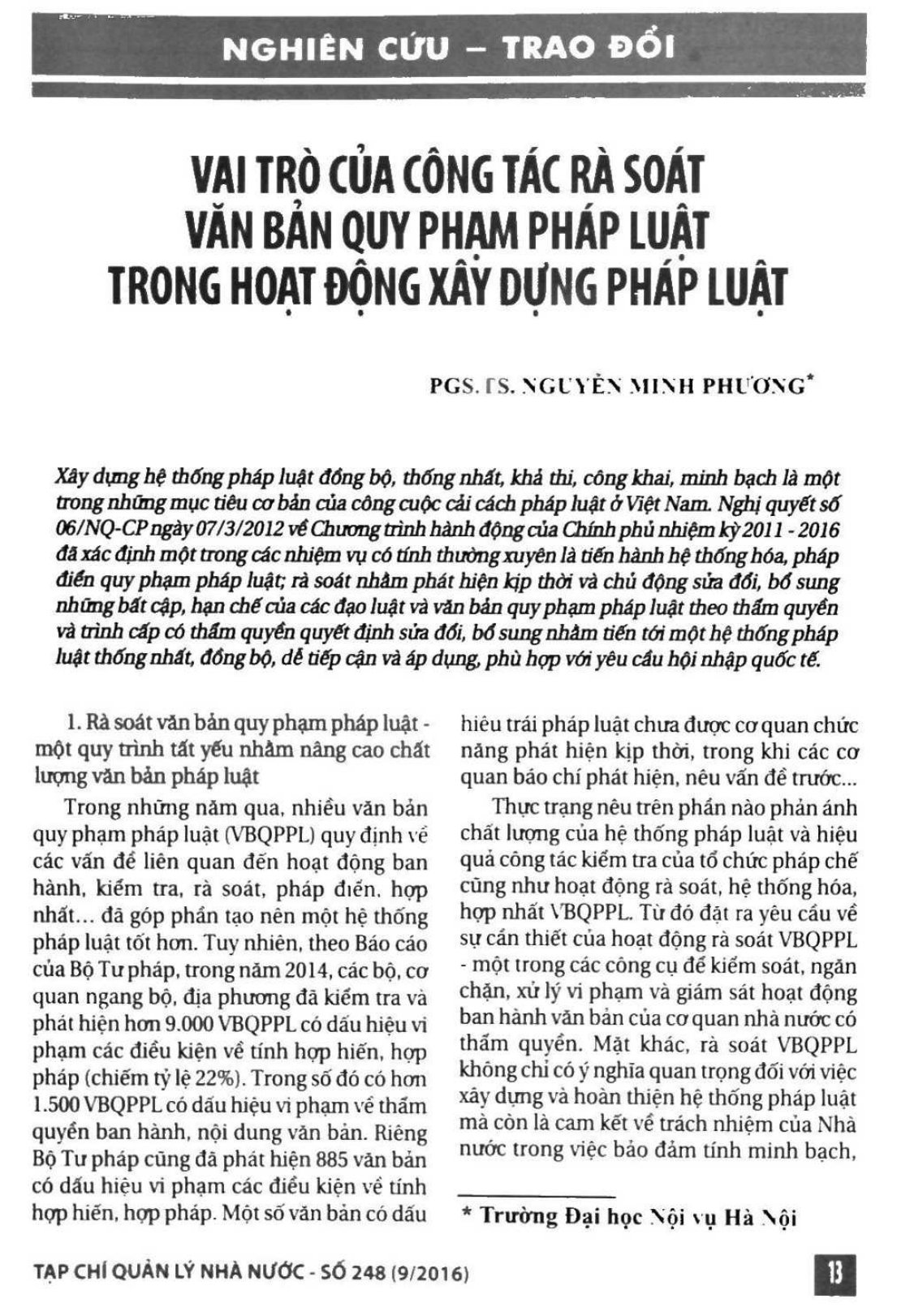 Vai trò của công tác rà soát văn bản quy phạm pháp luật trong hoạt động xây dựng pháp luật