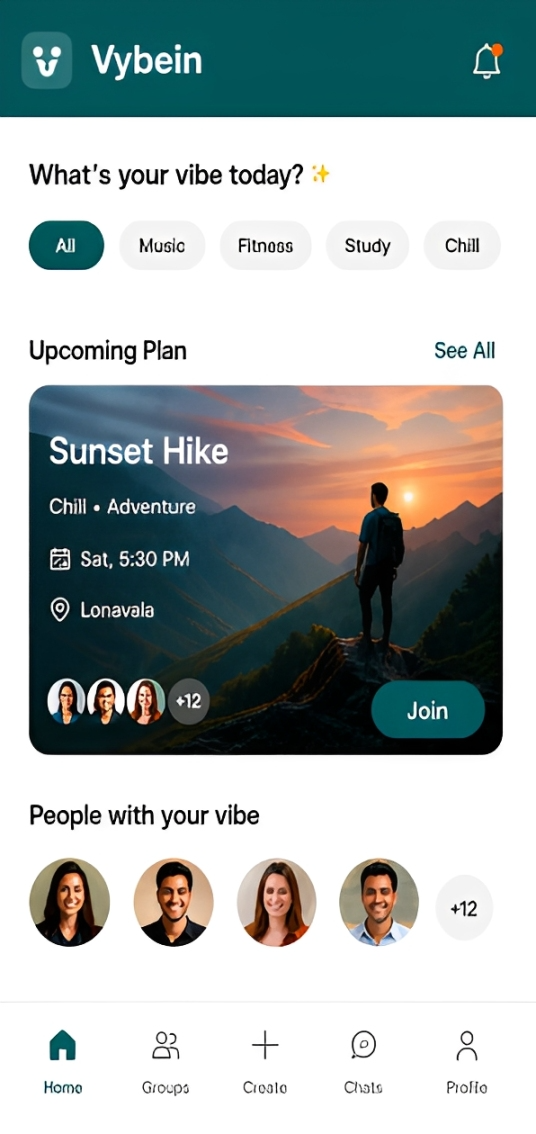 Vybein app home screen — what’s your vibe, plans, and people nearby