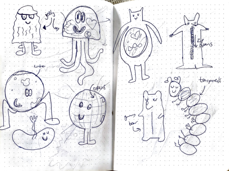 Various characters that are shaped like anthropomorphic club nights - Globes, a gummy bear, a jelly fish and more