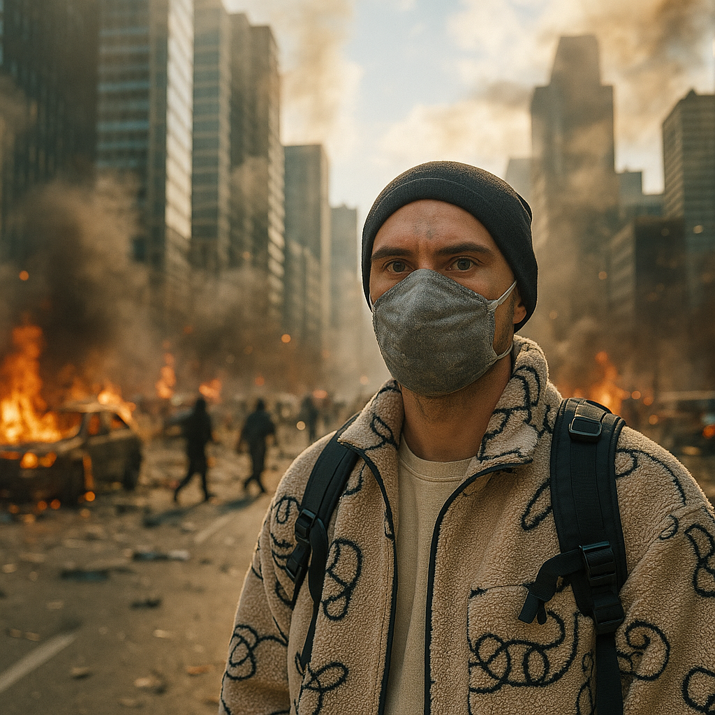 A person that stands in front of collapsed city in chaos
