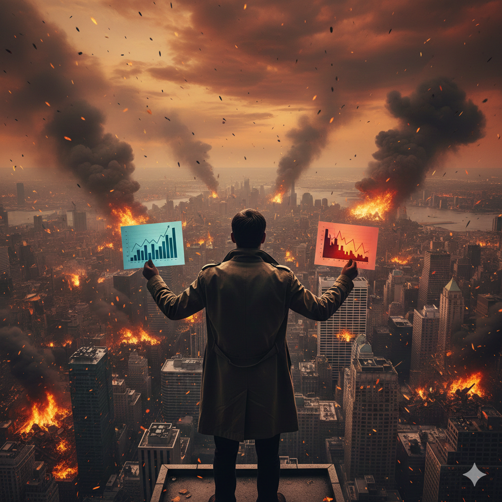 A man standing at the top of a skyscraper holding two papers with graphs on it