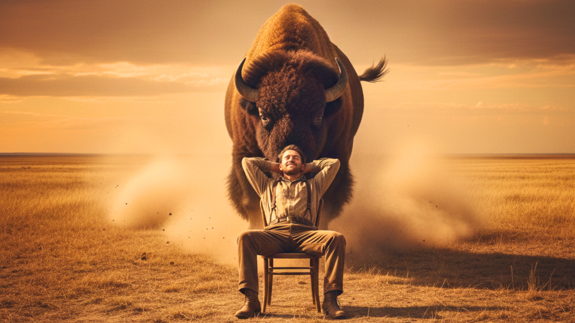 A man sitting on a chair on a wild field when a bull runs towards him