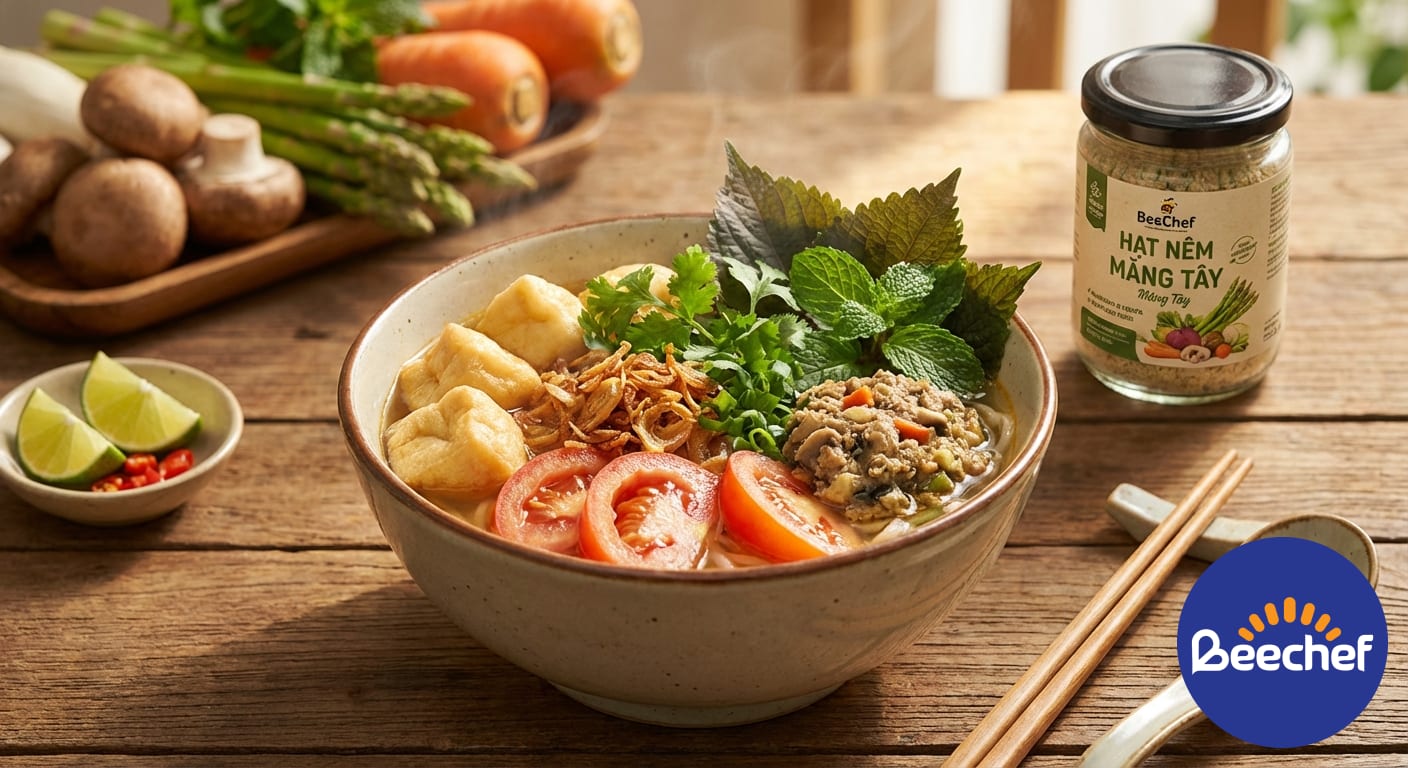 Công Thức Bún Riêu Chay Healthy Thơm Ngon Với Hạt Nêm Rau Củ Măng Tây