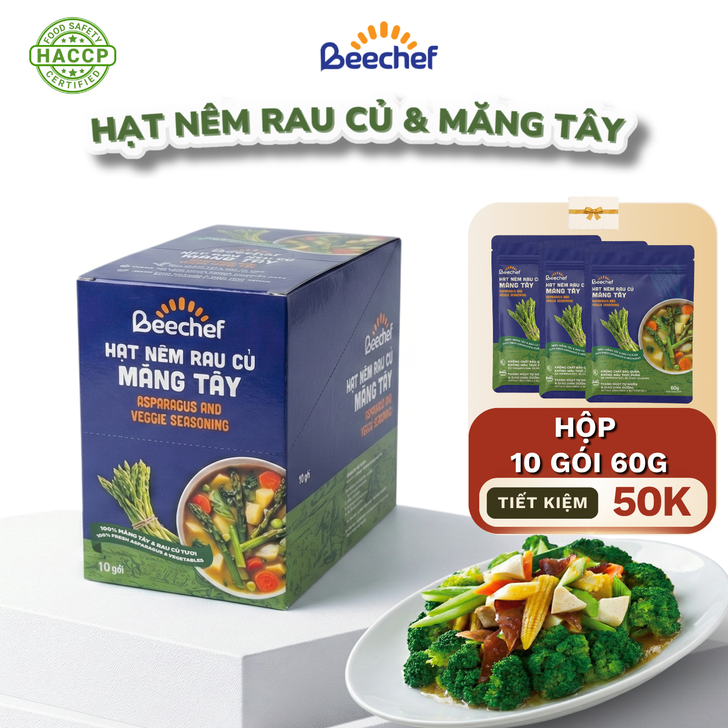 [Hộp 10 Gói] Beechef Hạt Nêm Rau Củ Măng Tây 60G - Chuẩn FDA & HACCP
