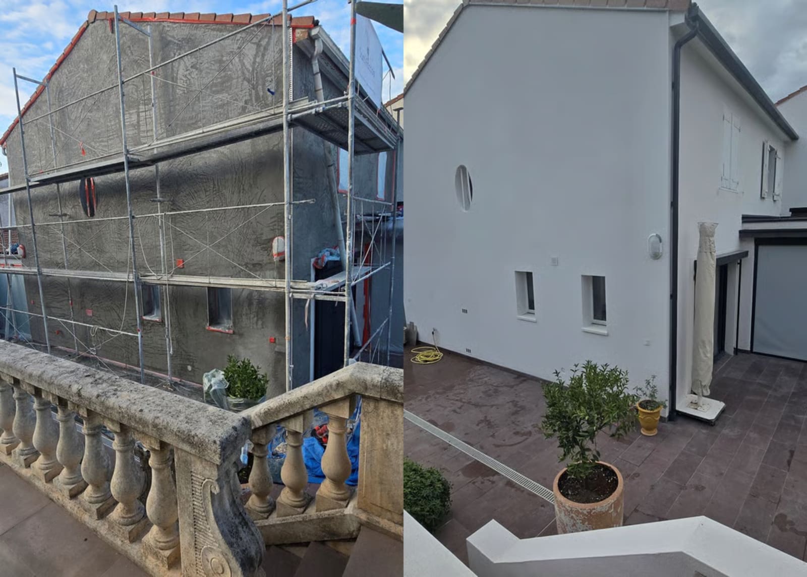 Rénovation de façade : à gauche le pignon en travaux sous échafaudage, à droite le pignon fini en blanc