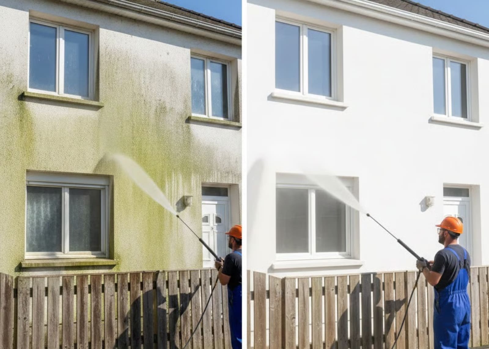 Démoussage de façade : à gauche la façade couverte d'algues vertes, à droite la façade nettoyée en blanc