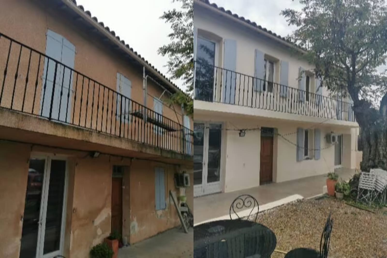 Ravalement de façade : à gauche l'enduit ocre dégradé, à droite la façade rénovée en blanc cassé