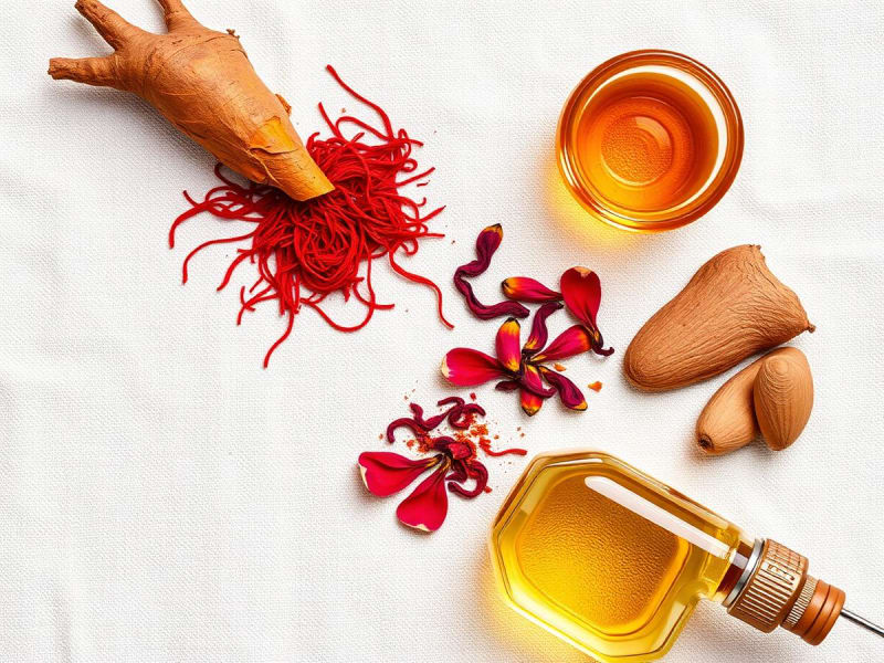 Organic raw botanical oils and clinical laboratory glassware symbolizing natural skincare science