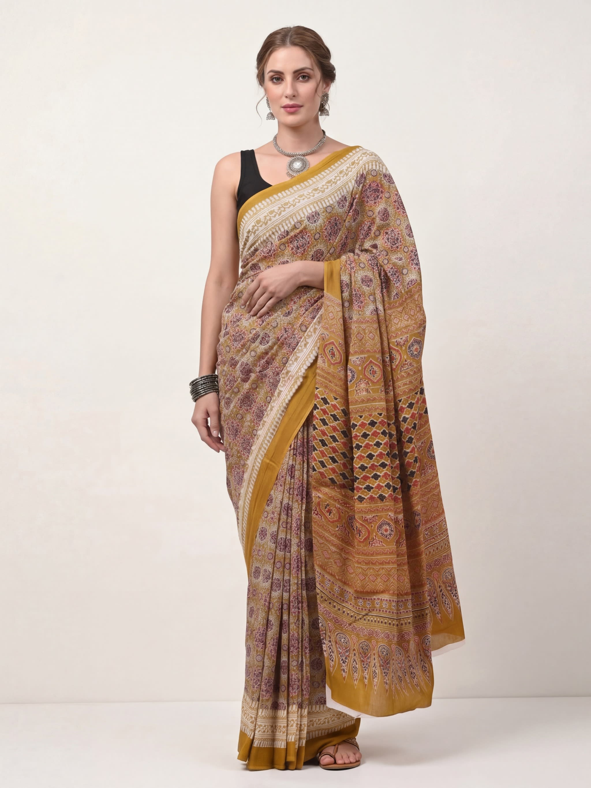 Traditional Block Print Mulmul Cotton Saree  - Image 1