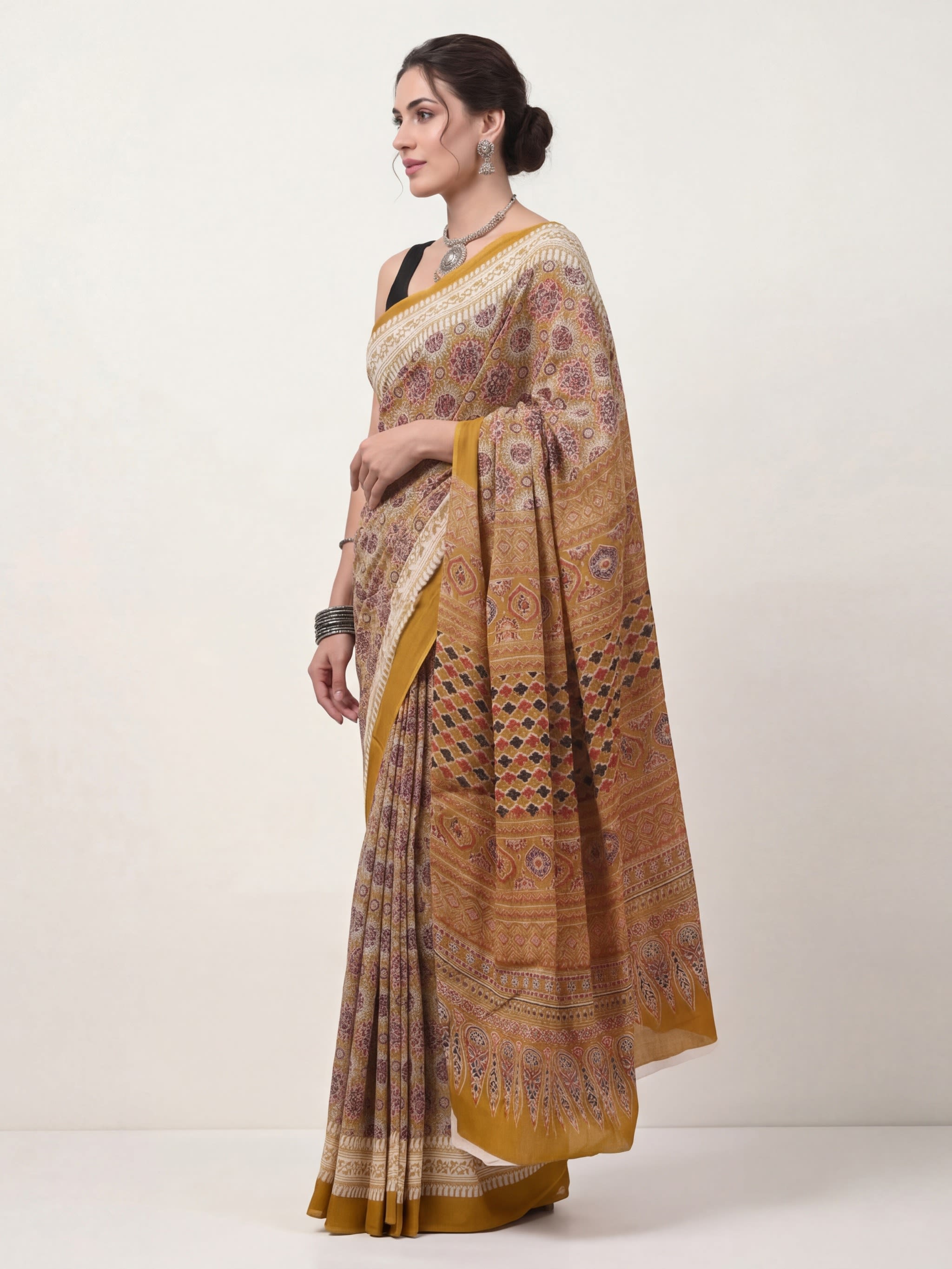 Traditional Block Print Mulmul Cotton Saree - Image 2