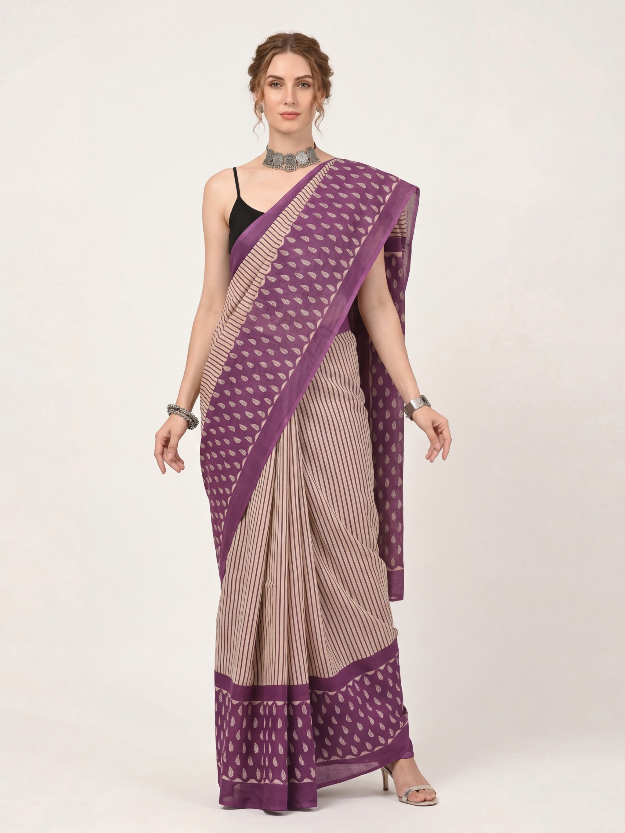 Traditional Block Print Mulmul Cotton Saree - Image 1