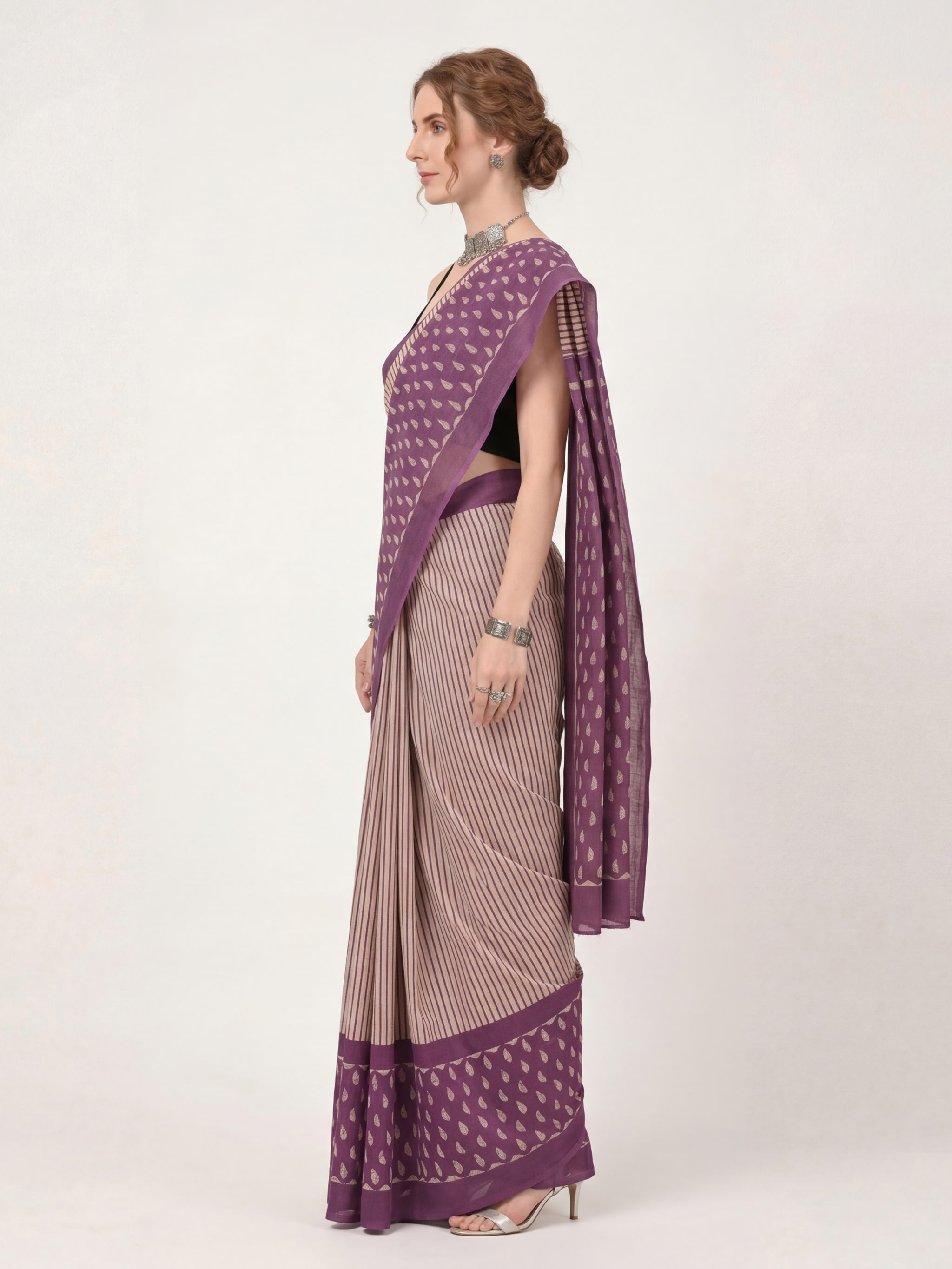 Traditional Block Print Mulmul Cotton Saree - Image 4