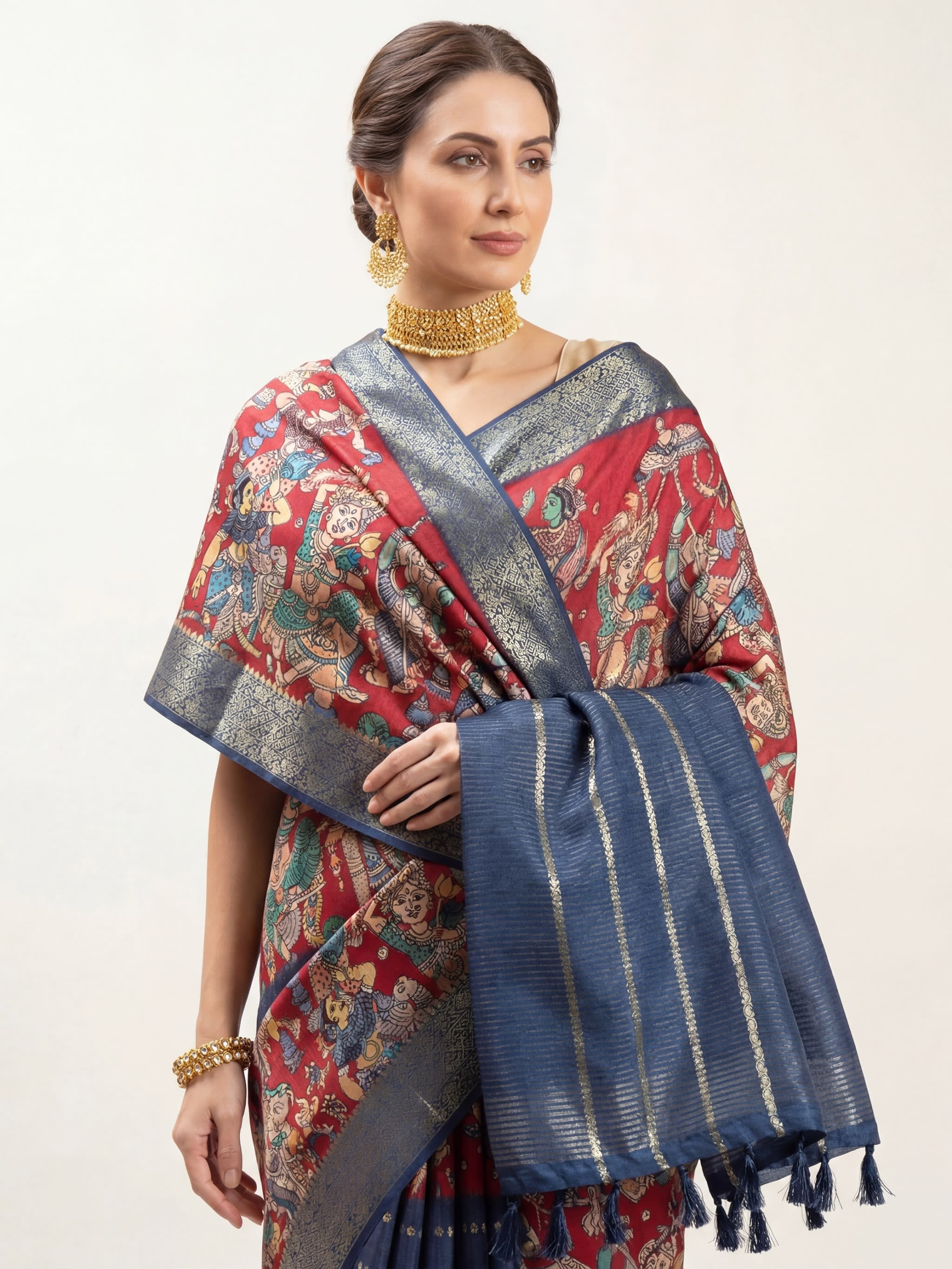 Nritya Sabha with Kalmkari art Jacquard Silk Saree - Image 2