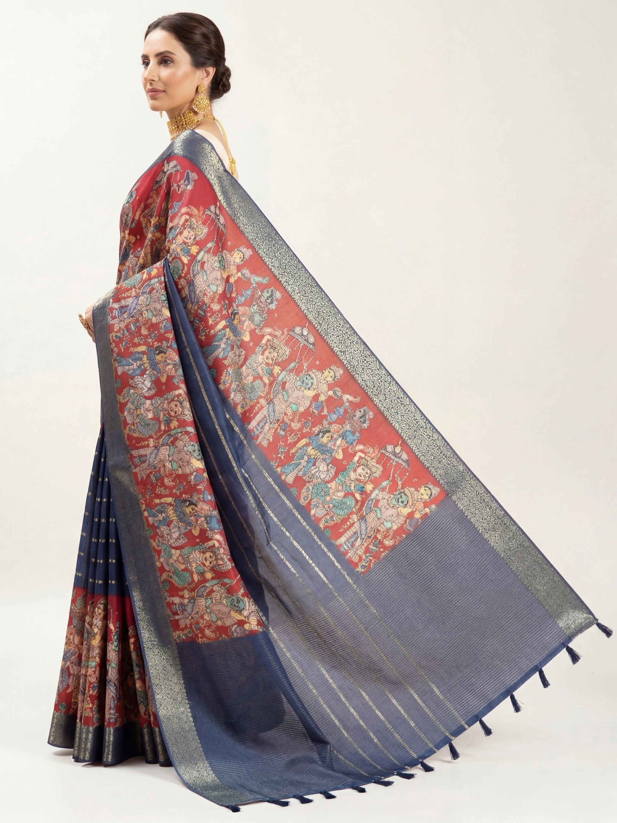 Nritya Sabha with Kalmkari art Jacquard Silk Saree - Image 3
