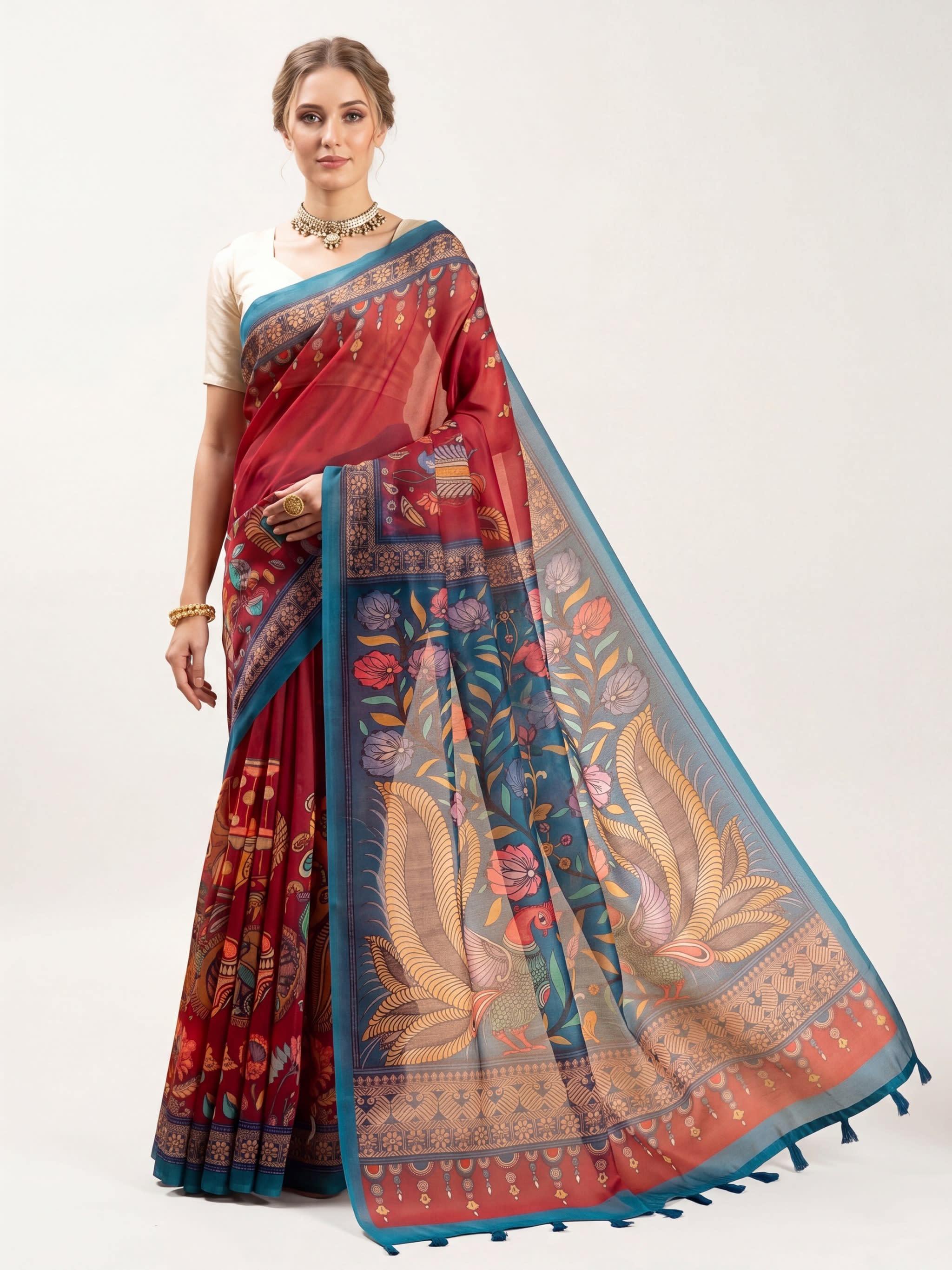 Royal Crimson Bloom Designer Saree - Image 1