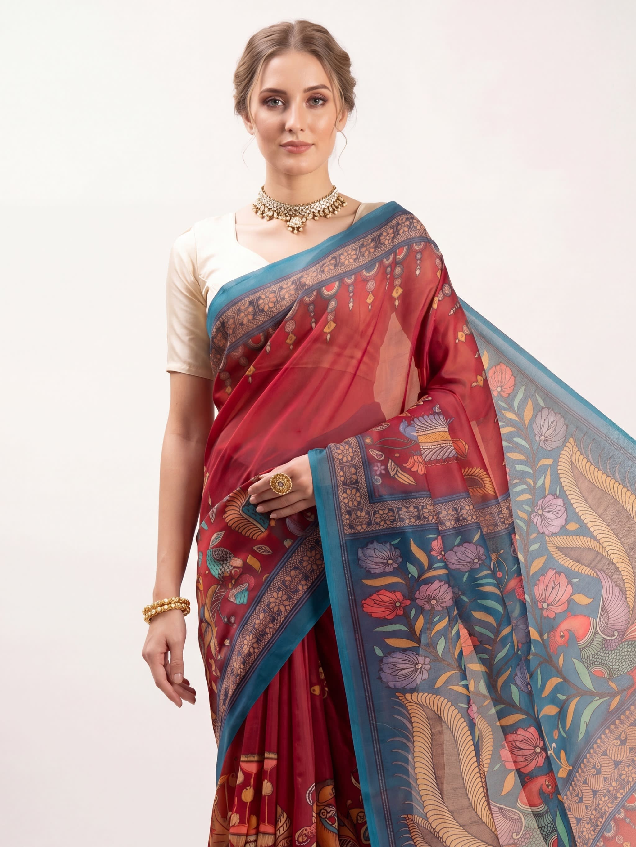 Royal Crimson Bloom Designer Saree - Image 2