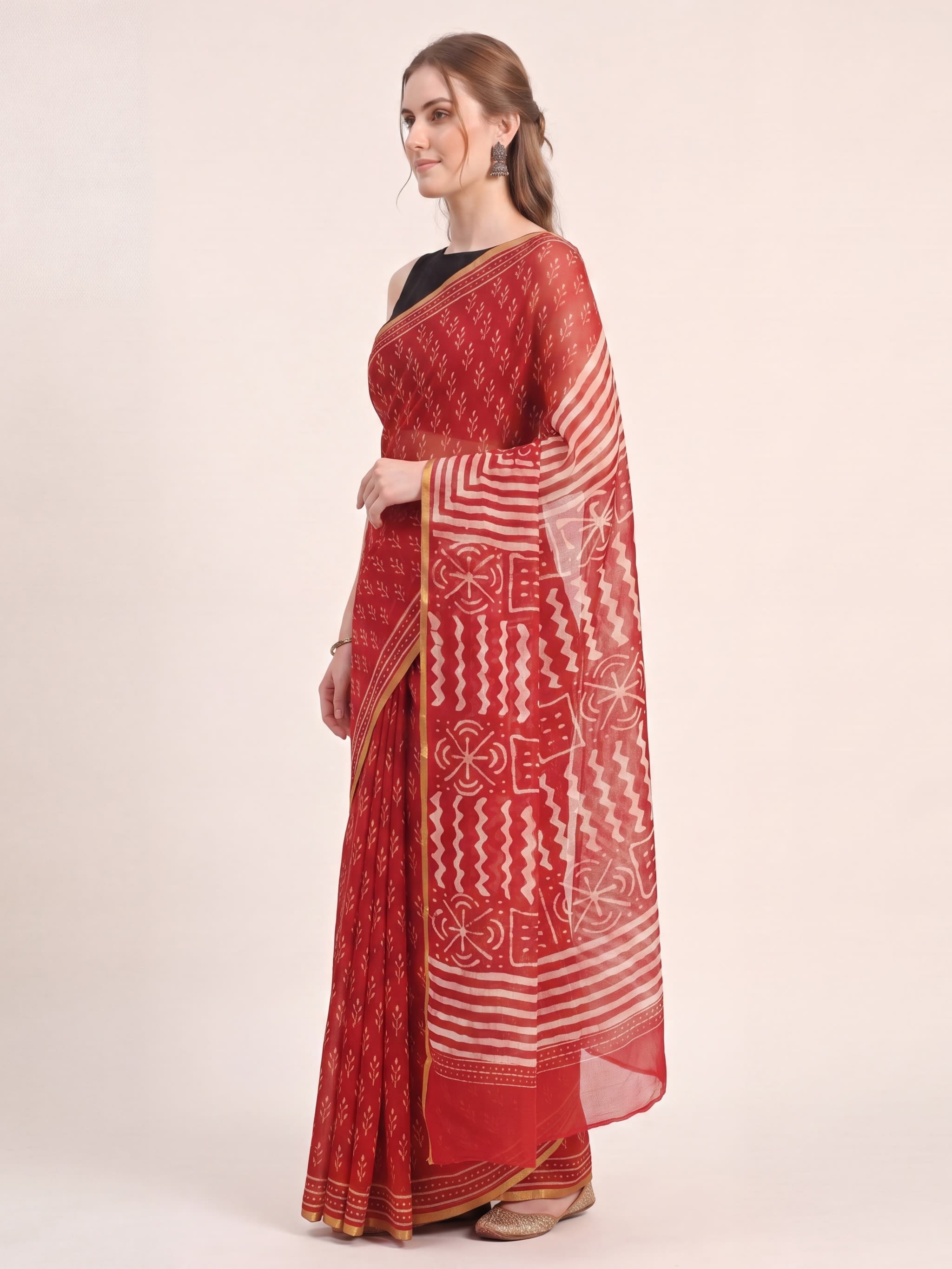 Royal Sindoor Block Print Chiffon Lightweight Saree - Image 3