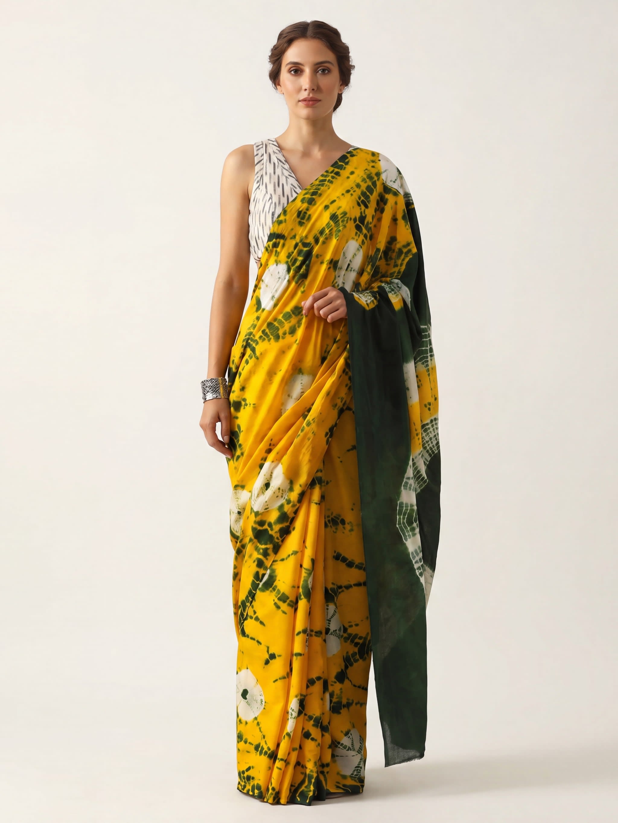 Sunlit Forest Shibori Cotton Saree — Cotton Sarees — Cotton