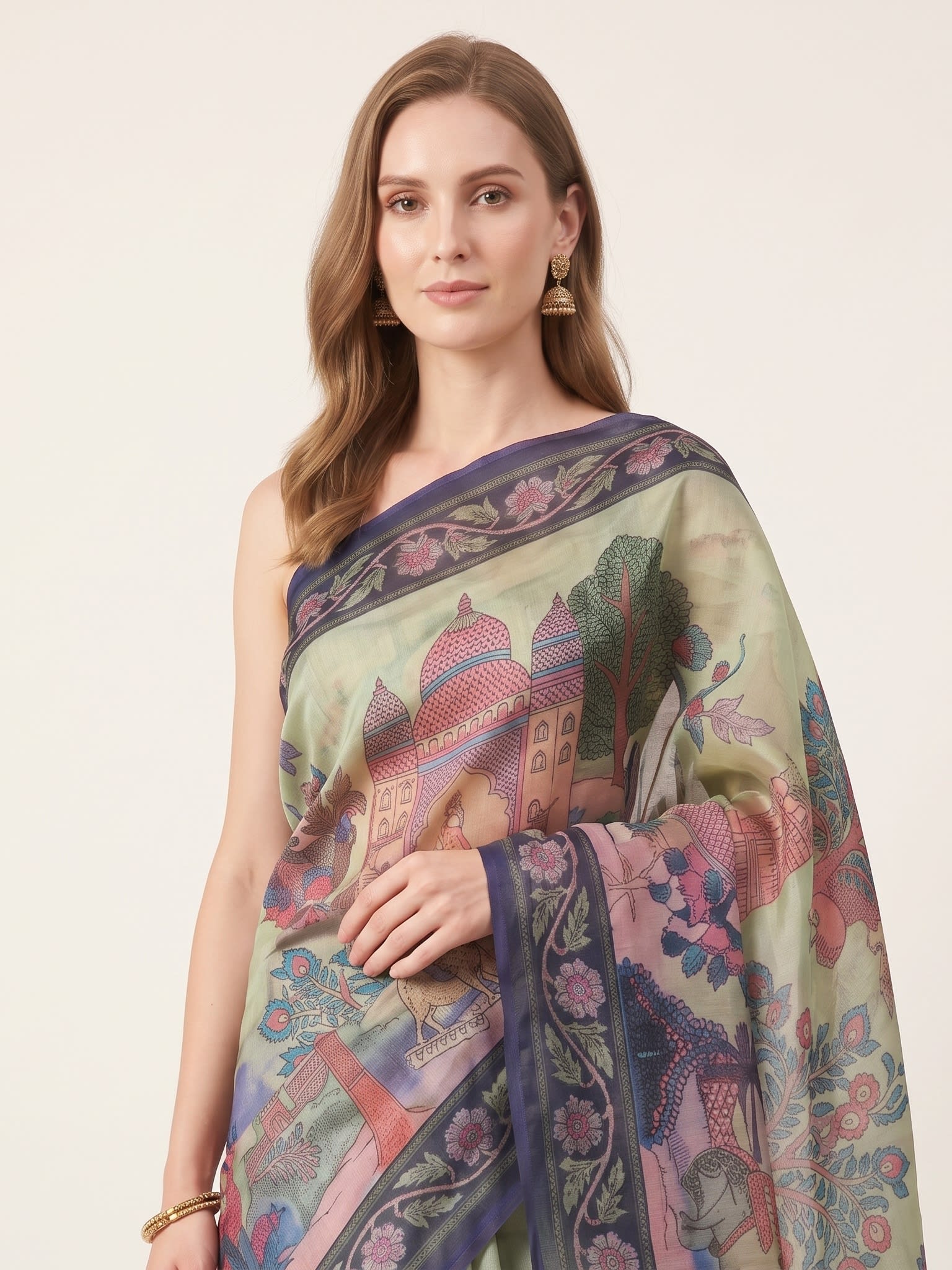 Heritage Garden Scenic Printed Saree with Floral Border - Image 2