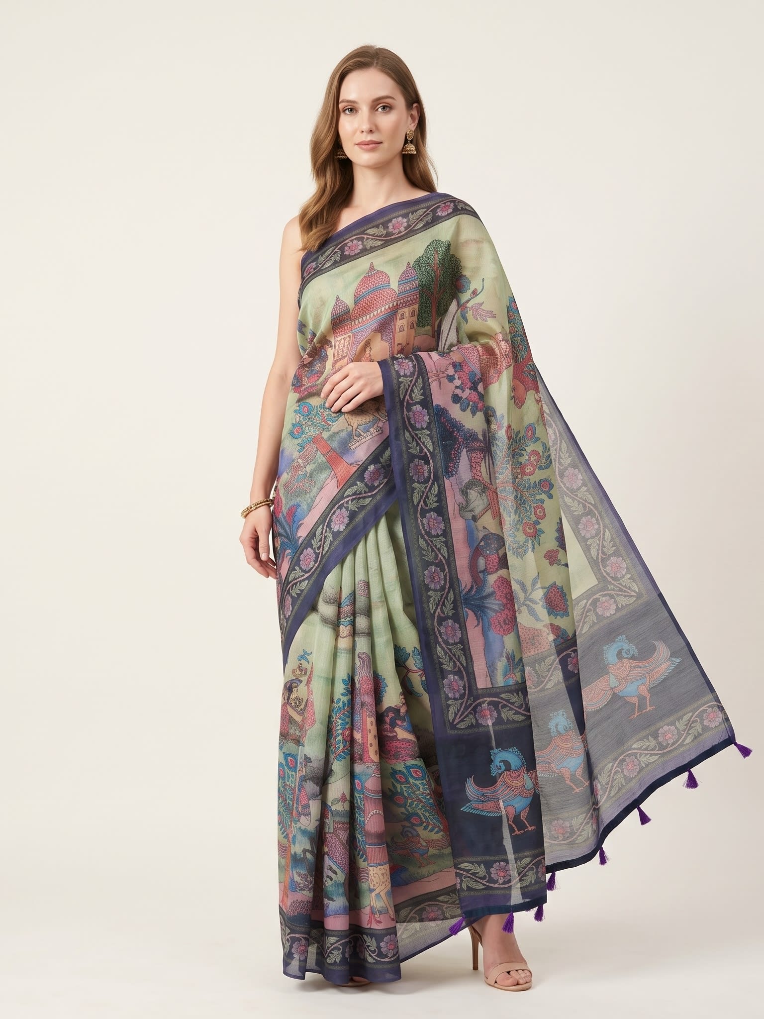 Heritage Garden Scenic Printed Saree with Floral Border - Image 1