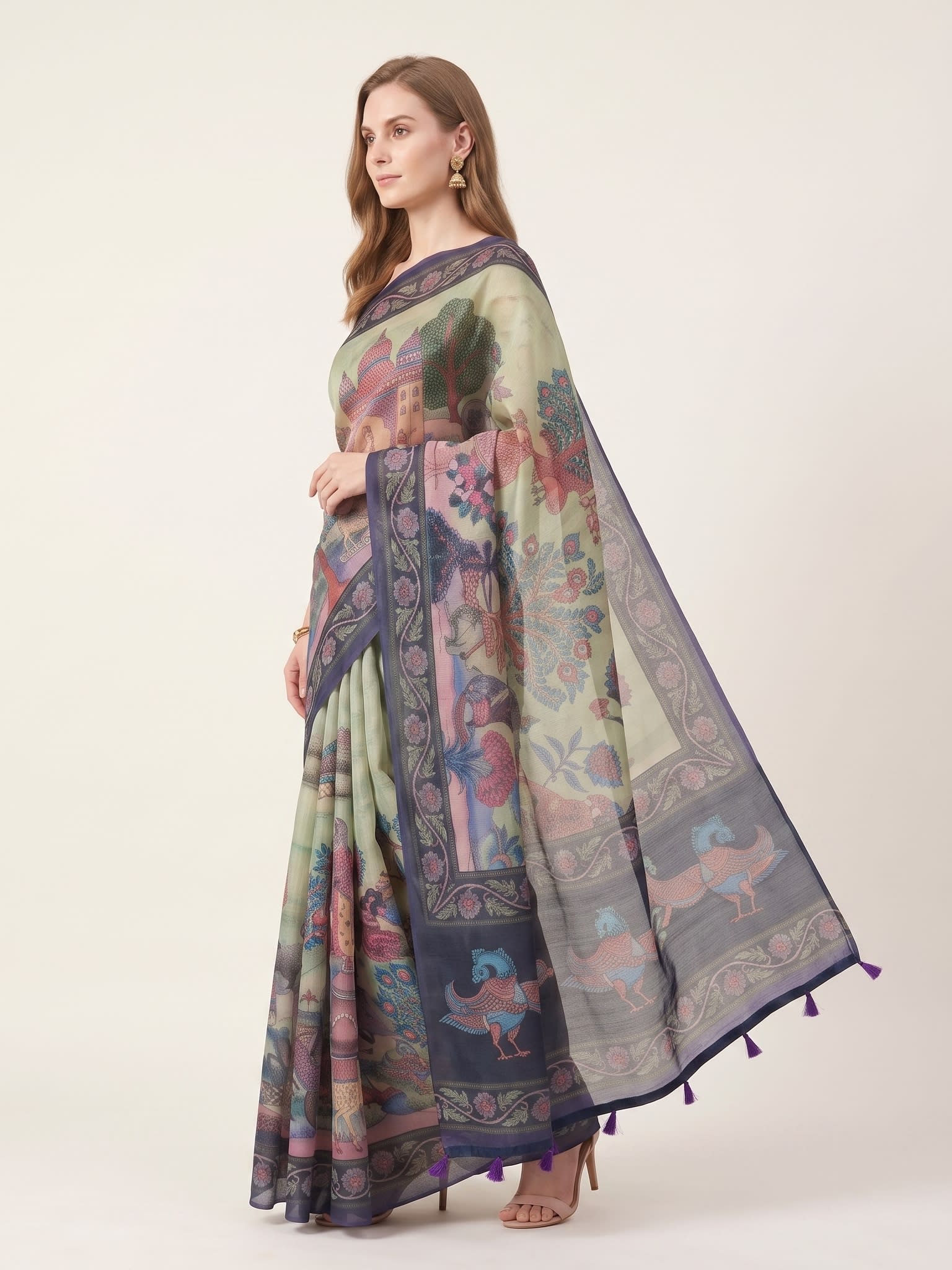 Heritage Garden Scenic Printed Saree with Floral Border - Image 3