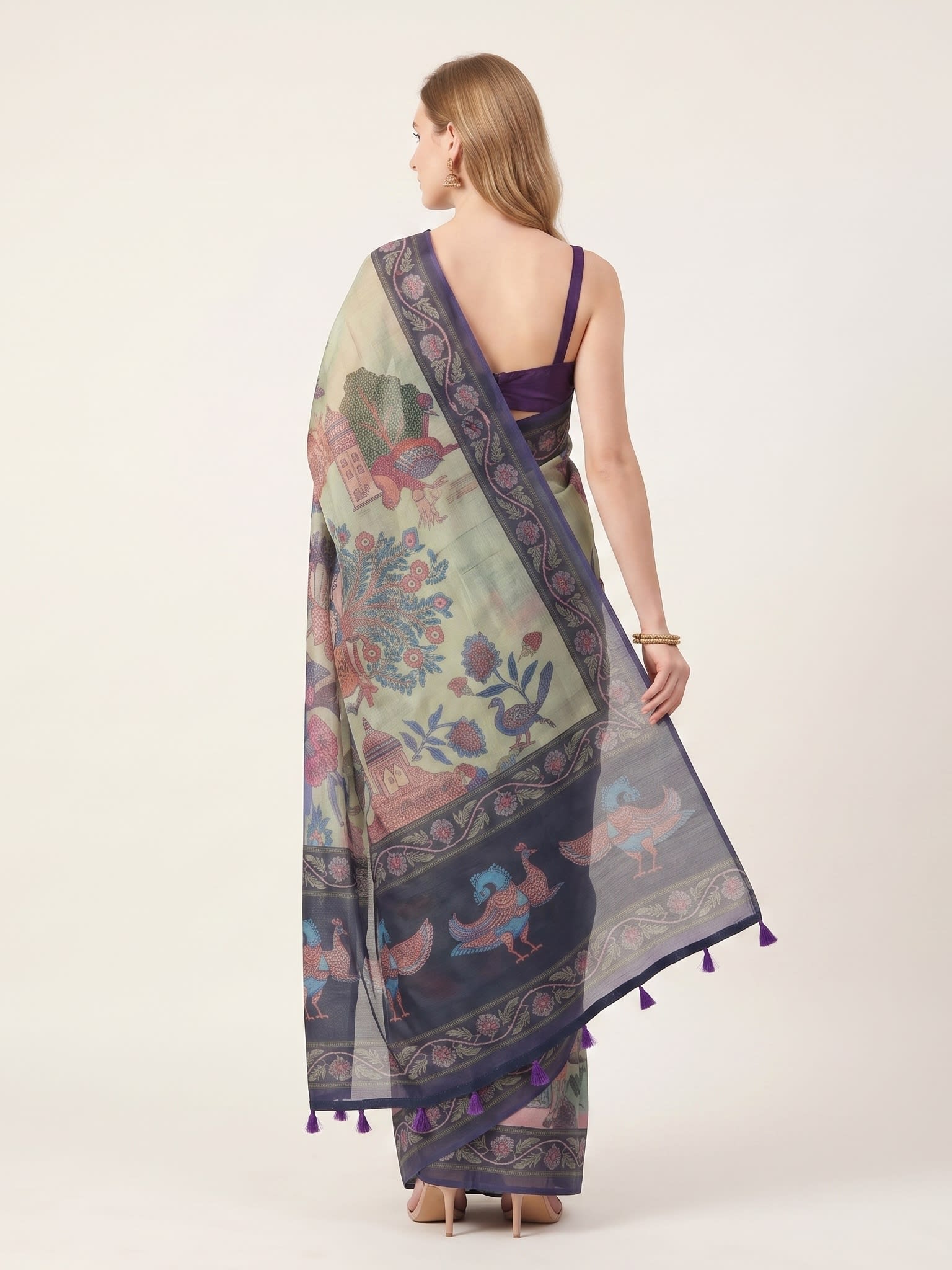 Heritage Garden Scenic Printed Saree with Floral Border - Image 4