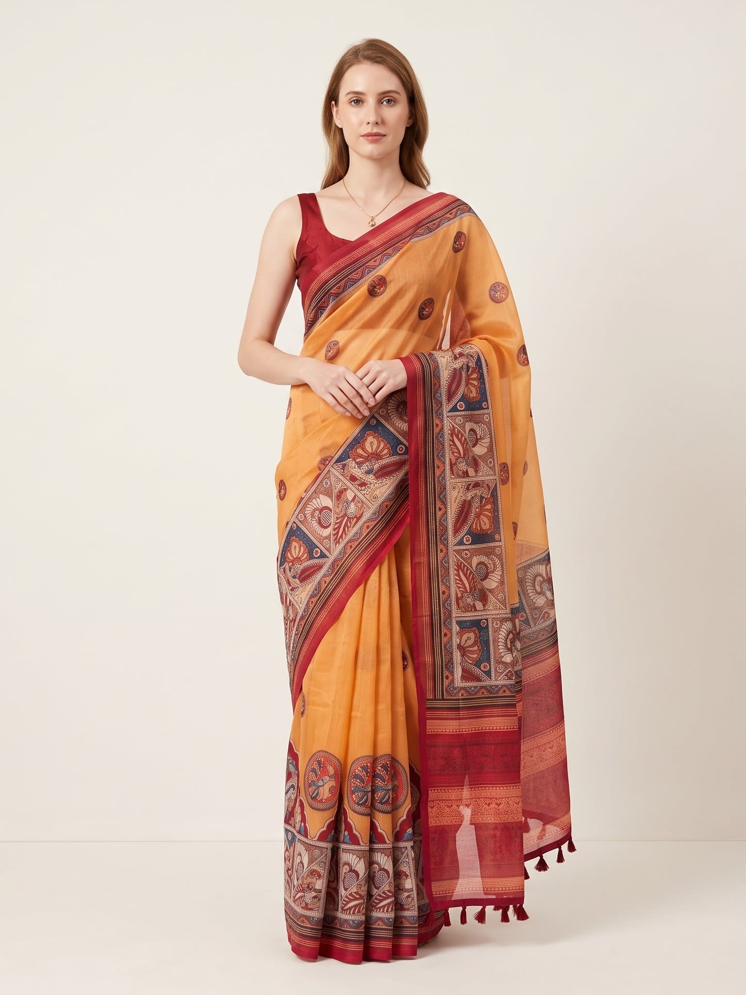 Sunlit Mustard Chanderi Cotton Kalamkari Print Saree with Tassels - Image 1