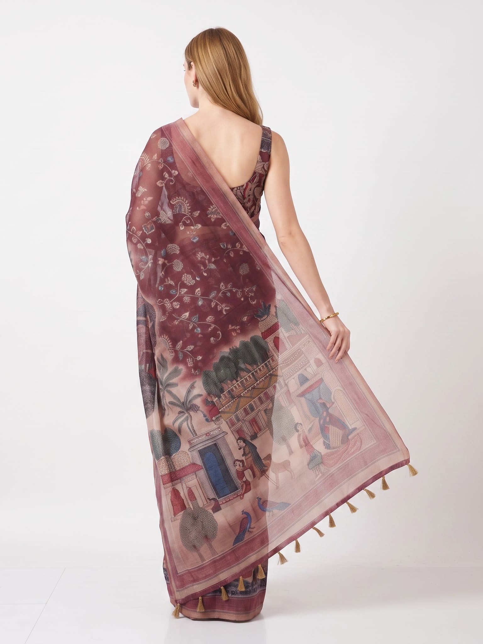 Royal Wine Chanderi Cotton Heritage Scenic Print Saree with Tassels - Image 4